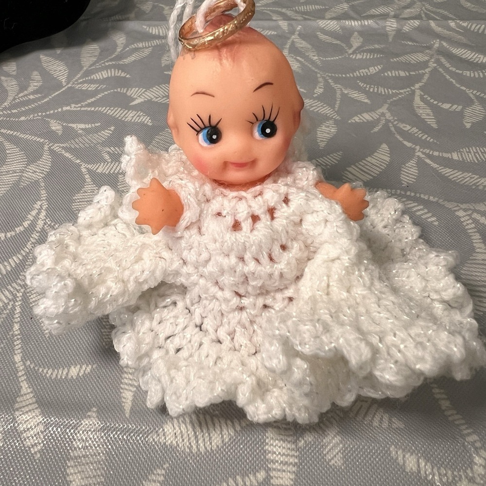 Vtg Miniature Cupie Doll 4" Hand Crochet Dress Rare Vinyl Kewpie Taiwan ornament
